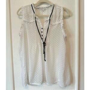 Daniel Rainn White Swiss Dot Blouse Size L Sleeveless Ruffle Trim Top with Tie